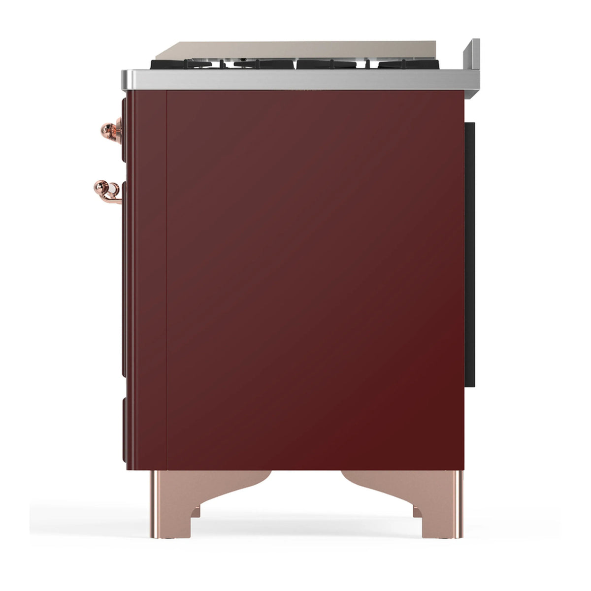 ILVE dual fuel range side panel in burgundy with copper trim and metal feet