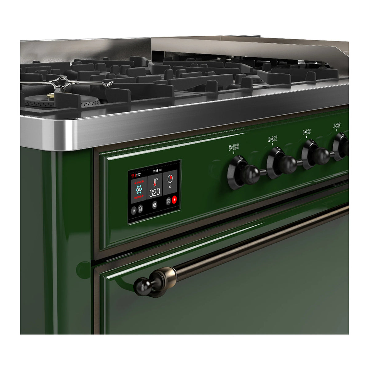 Emerald green dual fuel range with black grates and control knobs on the front panel.