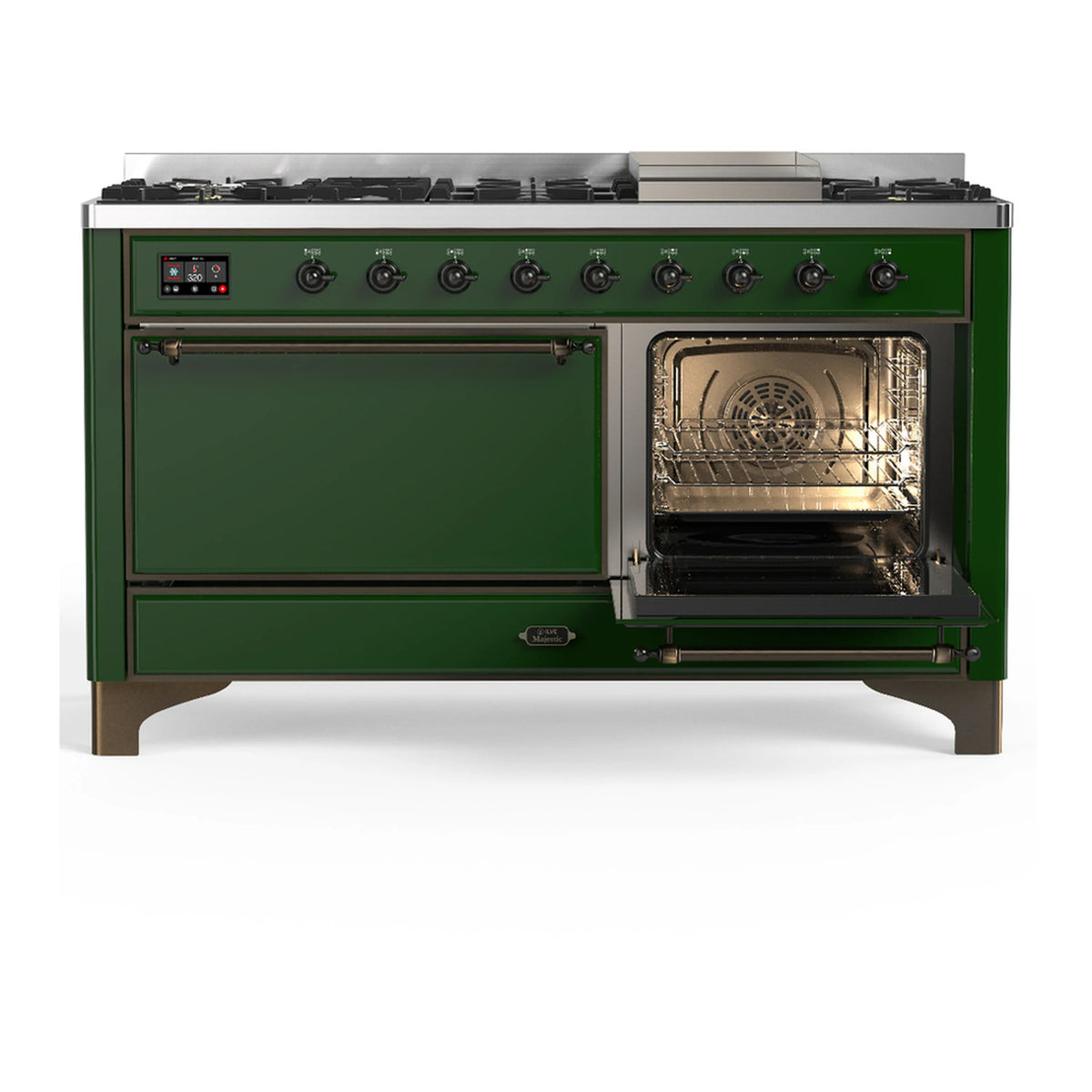Emerald green dual oven range with one open oven door revealing a wire rack.