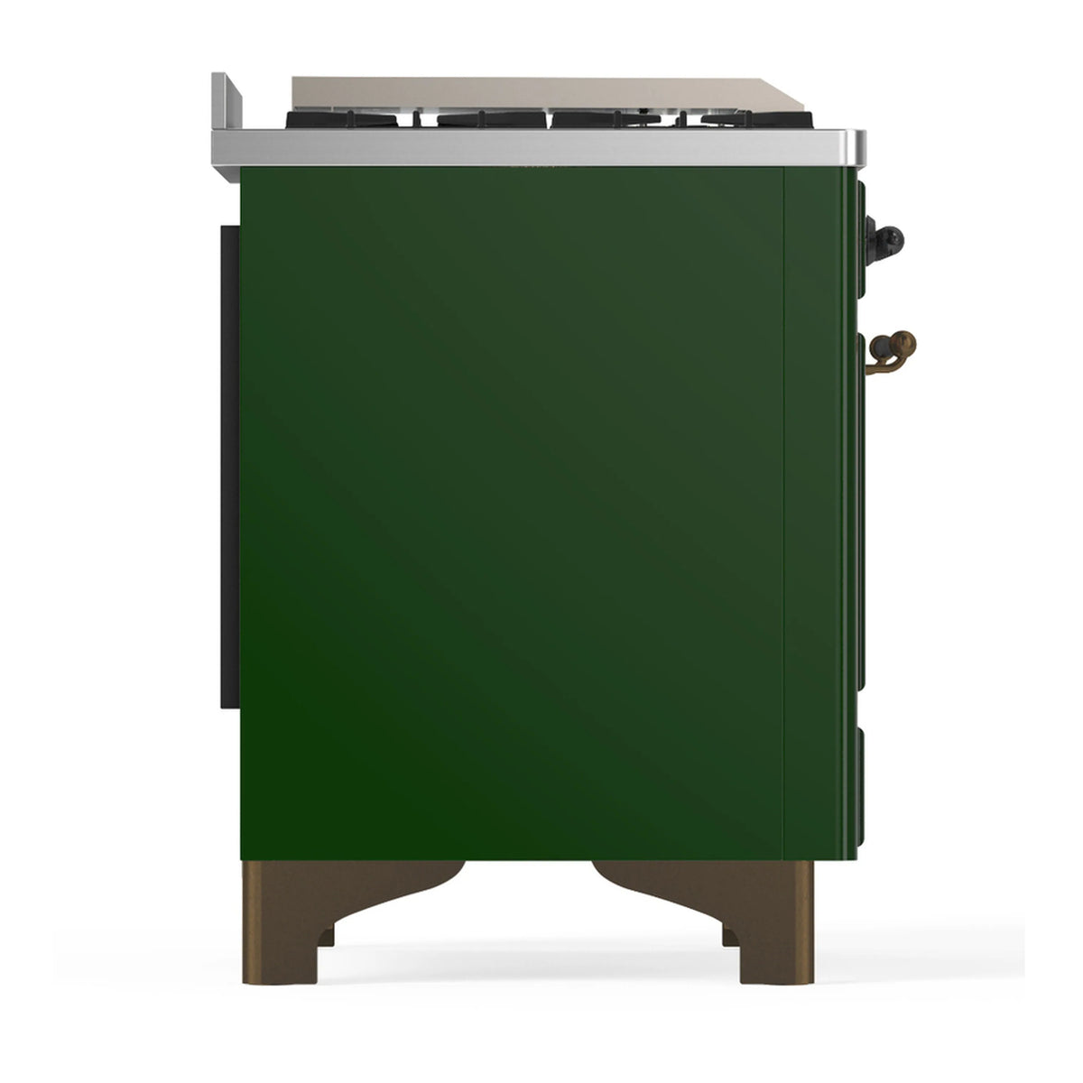Emerald green range with rear side panel, visible knobs, and stainless top trim.