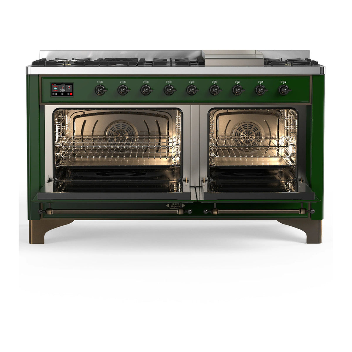 Emerald green dual fuel range with open oven doors and burner control panel