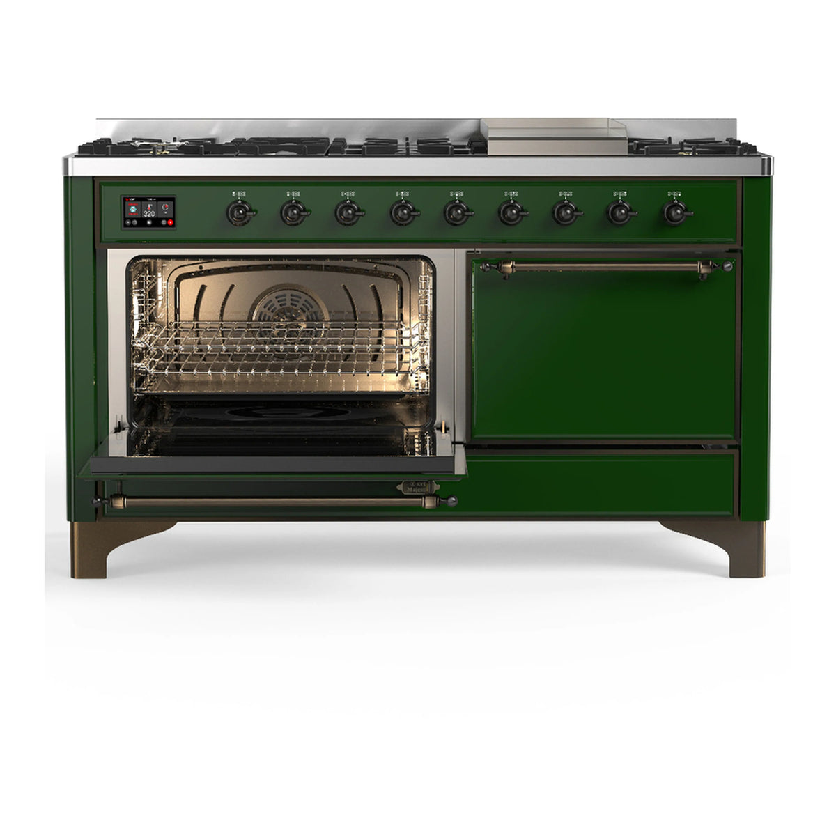Emerald green dual fuel range with open oven door and stainless burner trim