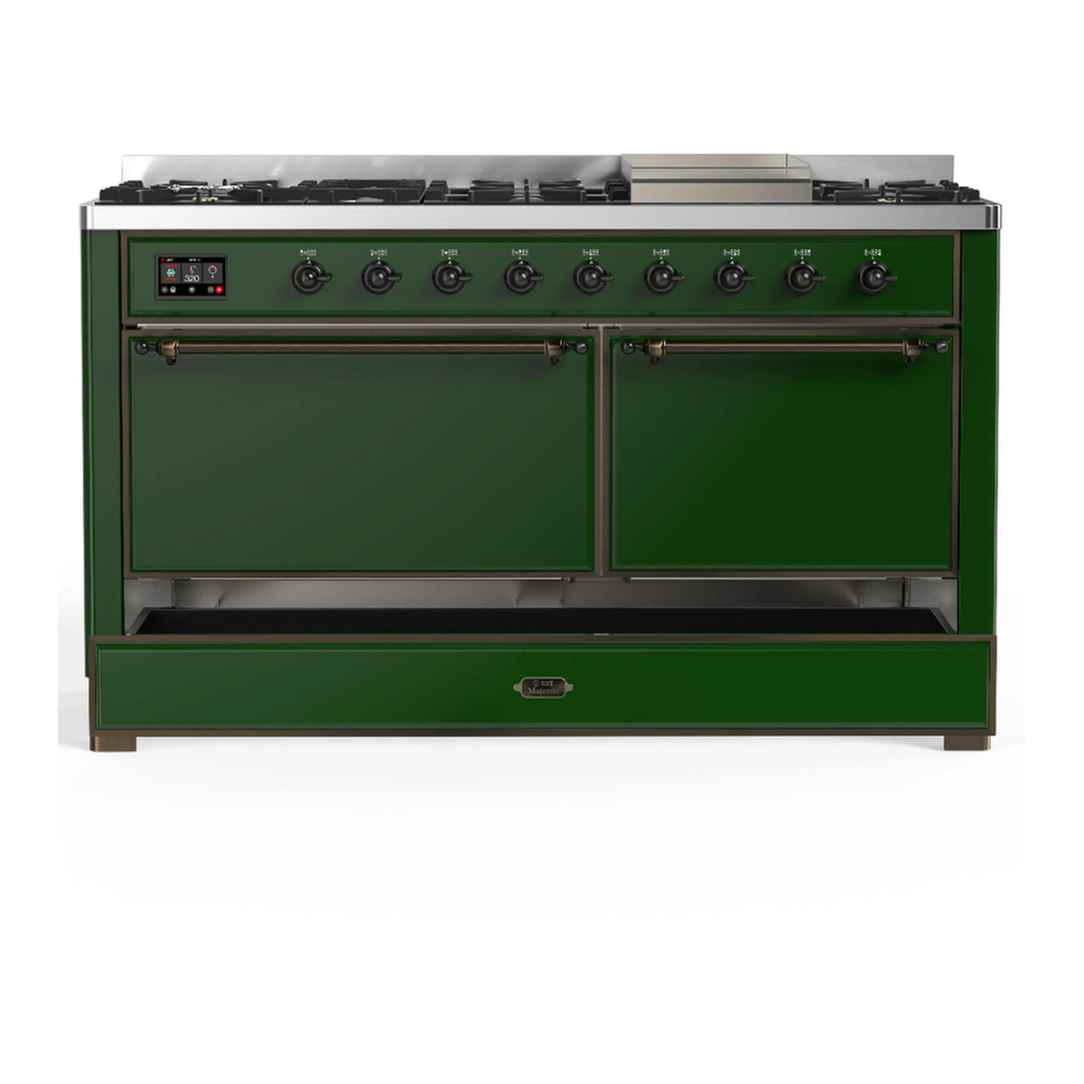 Emerald green dual fuel range with two closed oven doors and center drawer