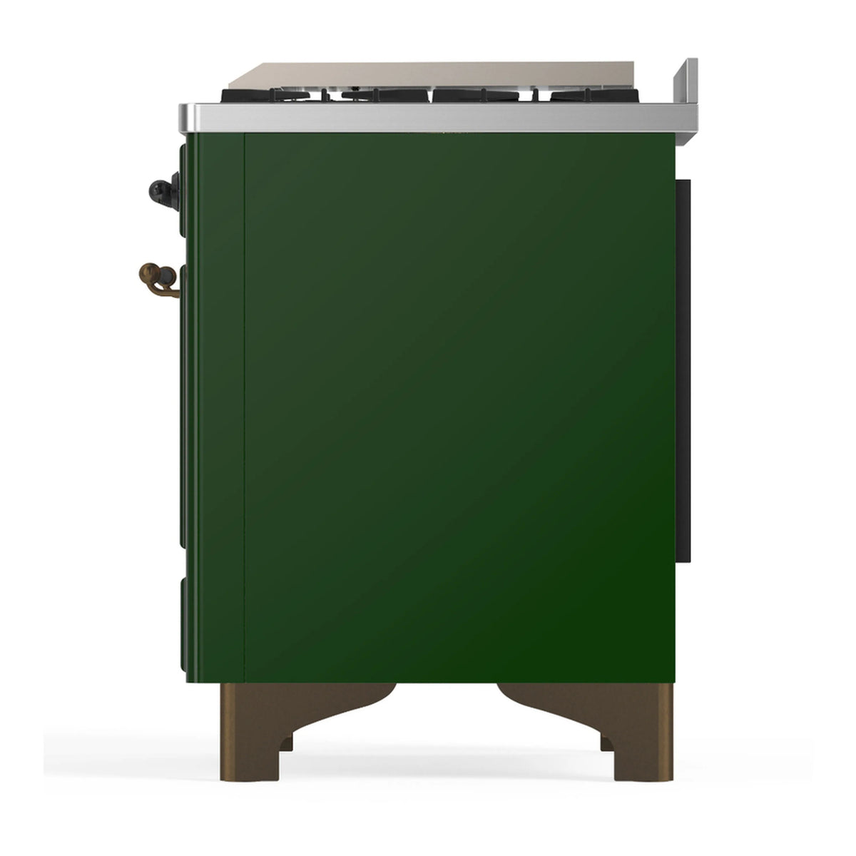 Emerald green dual fuel range side profile with brass handles and control side