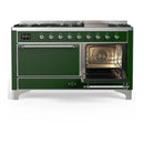 ILVE Majestic III 60-inch Dual Fuel Range with 5 Liquid Propane Burner, Griddle and Solid Door Electric Oven in Emerald Green with Chrome Trim (UM60FQNR3EGCLP)