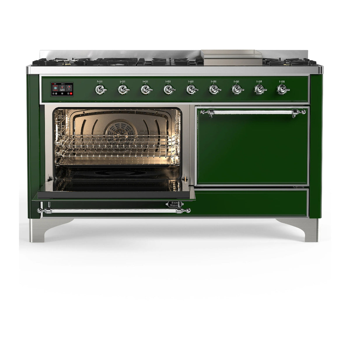 Emerald green range with oven door open on the left and a closed cabinet door