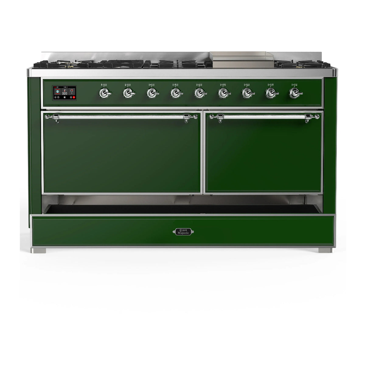 Emerald green range front with two cabinet doors and chrome handle trim