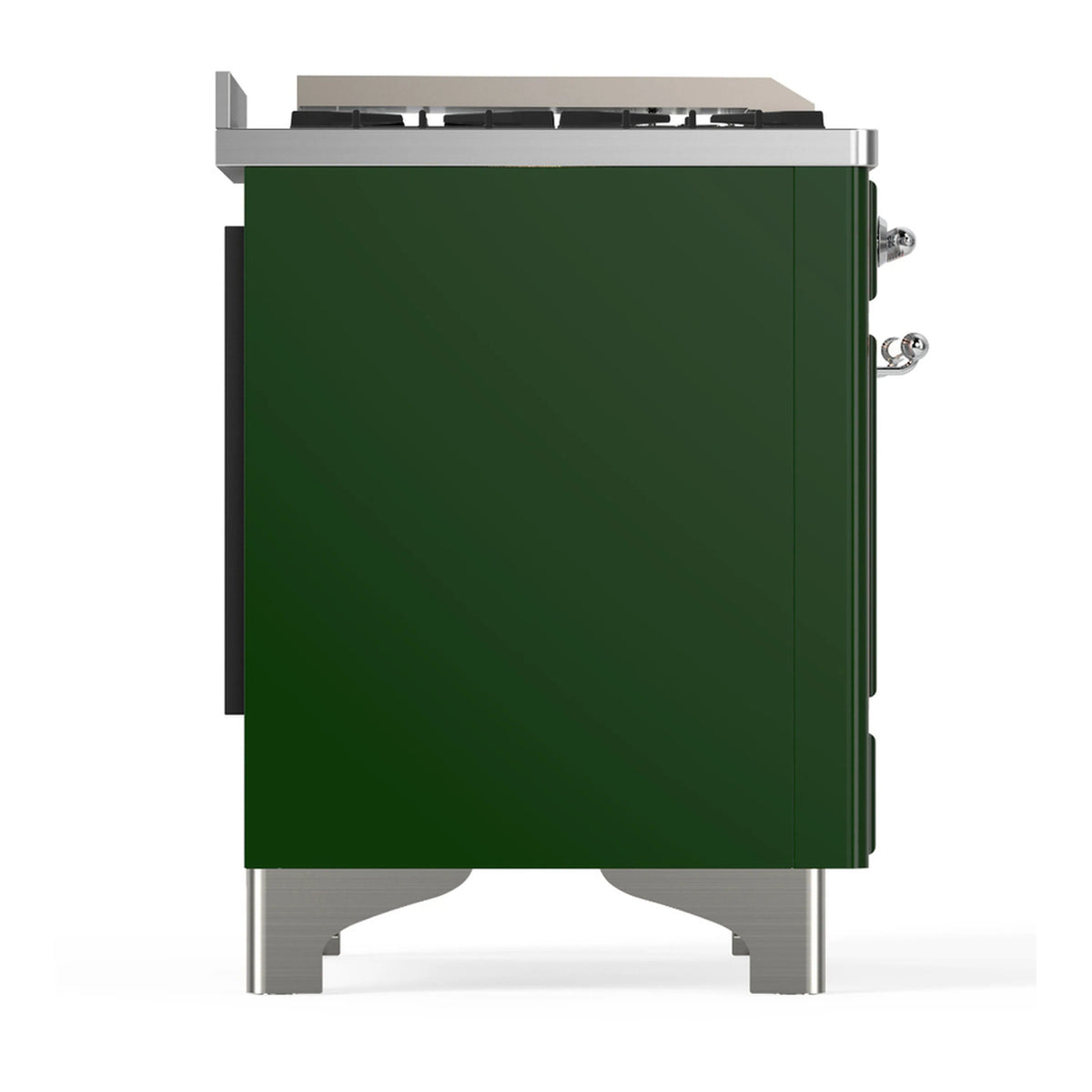 Emerald green range side panel with chrome-trimmed corners and mounting feet