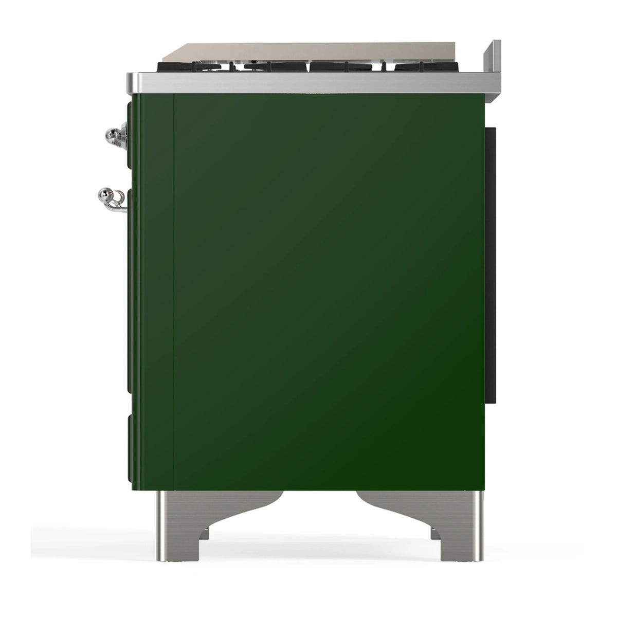 Emerald green range side view with chrome hinges and base feet
