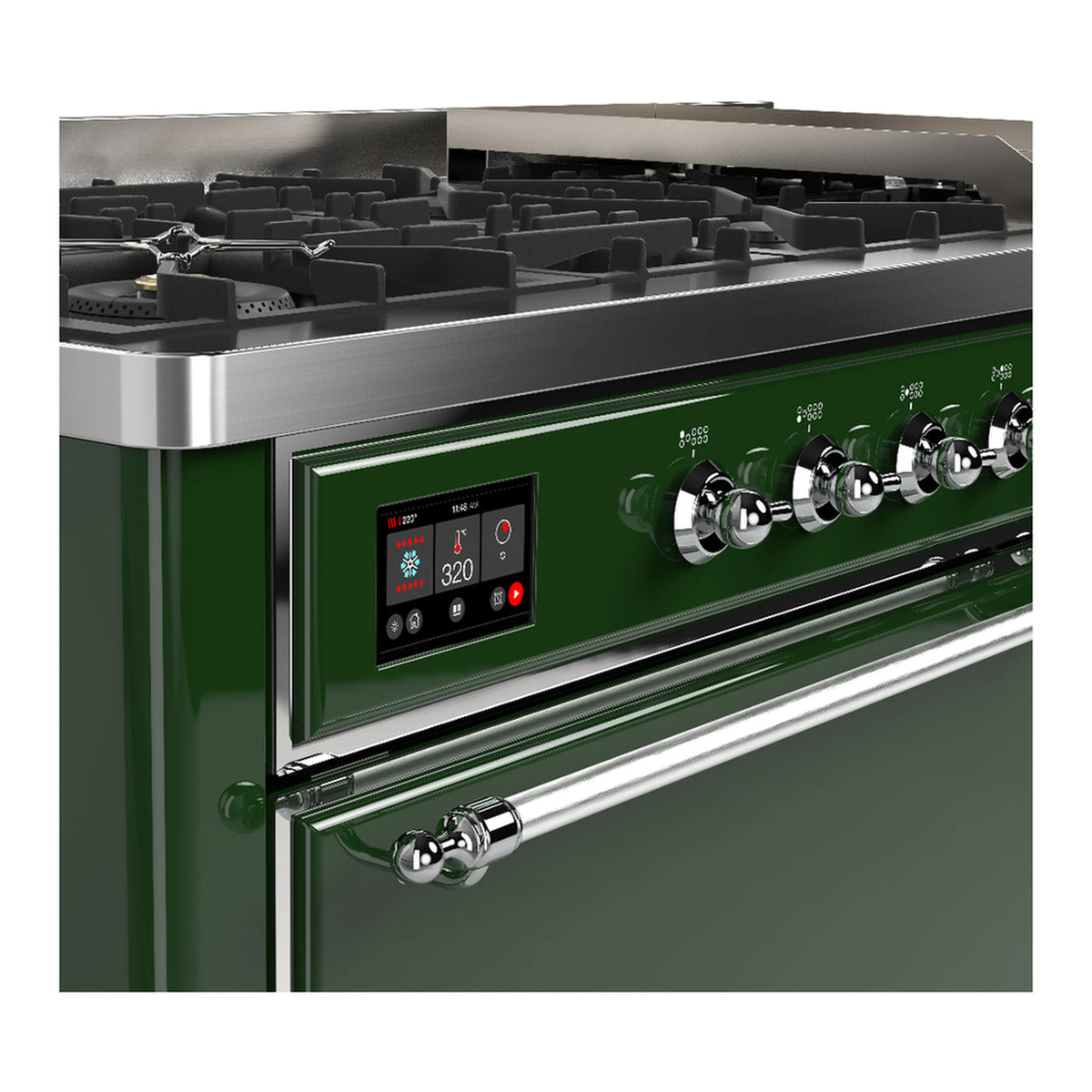 Emerald green dual fuel range control panel with chrome knobs and gas grates