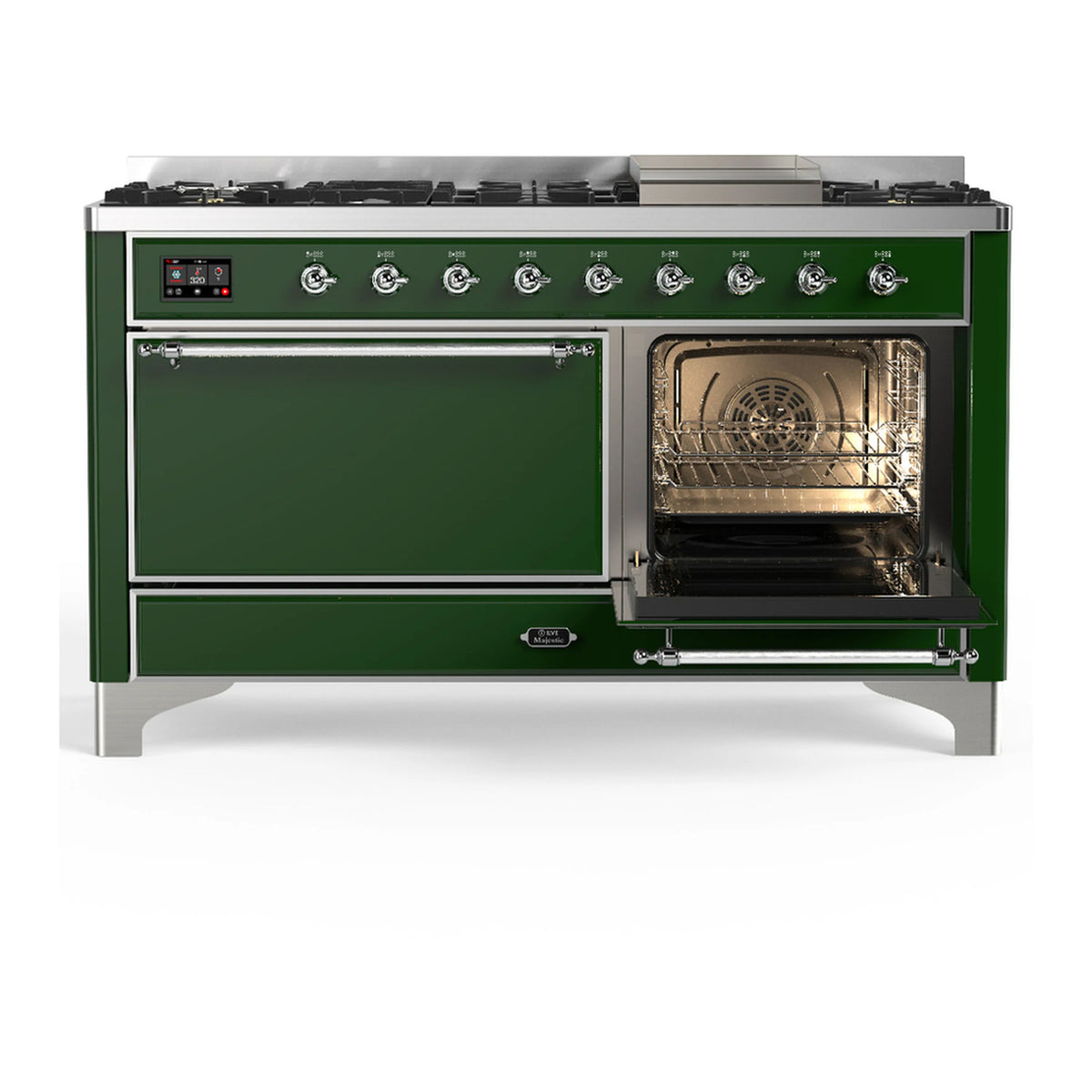 Emerald green dual fuel range with closed oven door and chrome handle
