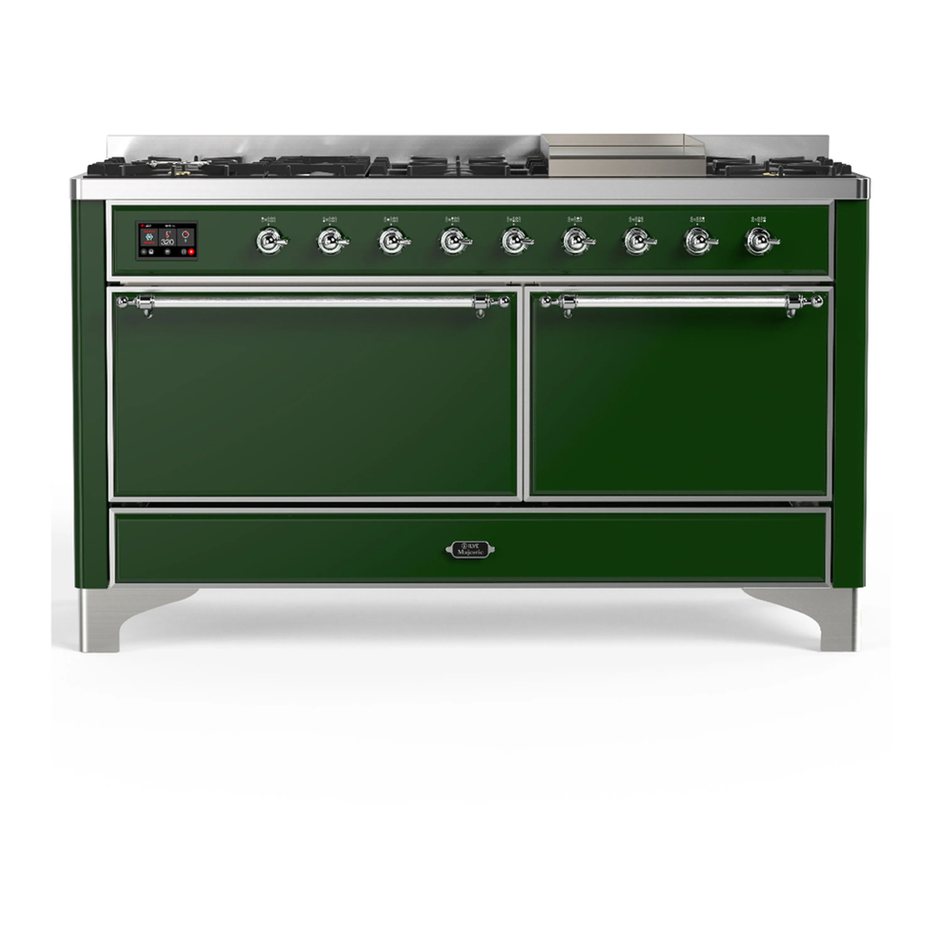 Emerald green dual fuel range front with two oven doors and chrome trim