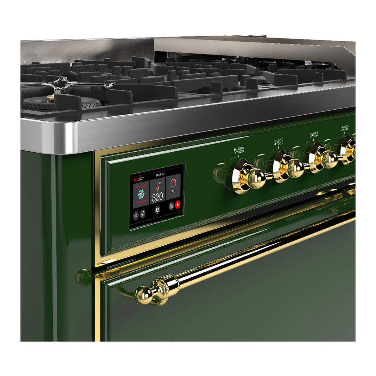 Emerald green dual fuel range control panel with brass knobs and digital display