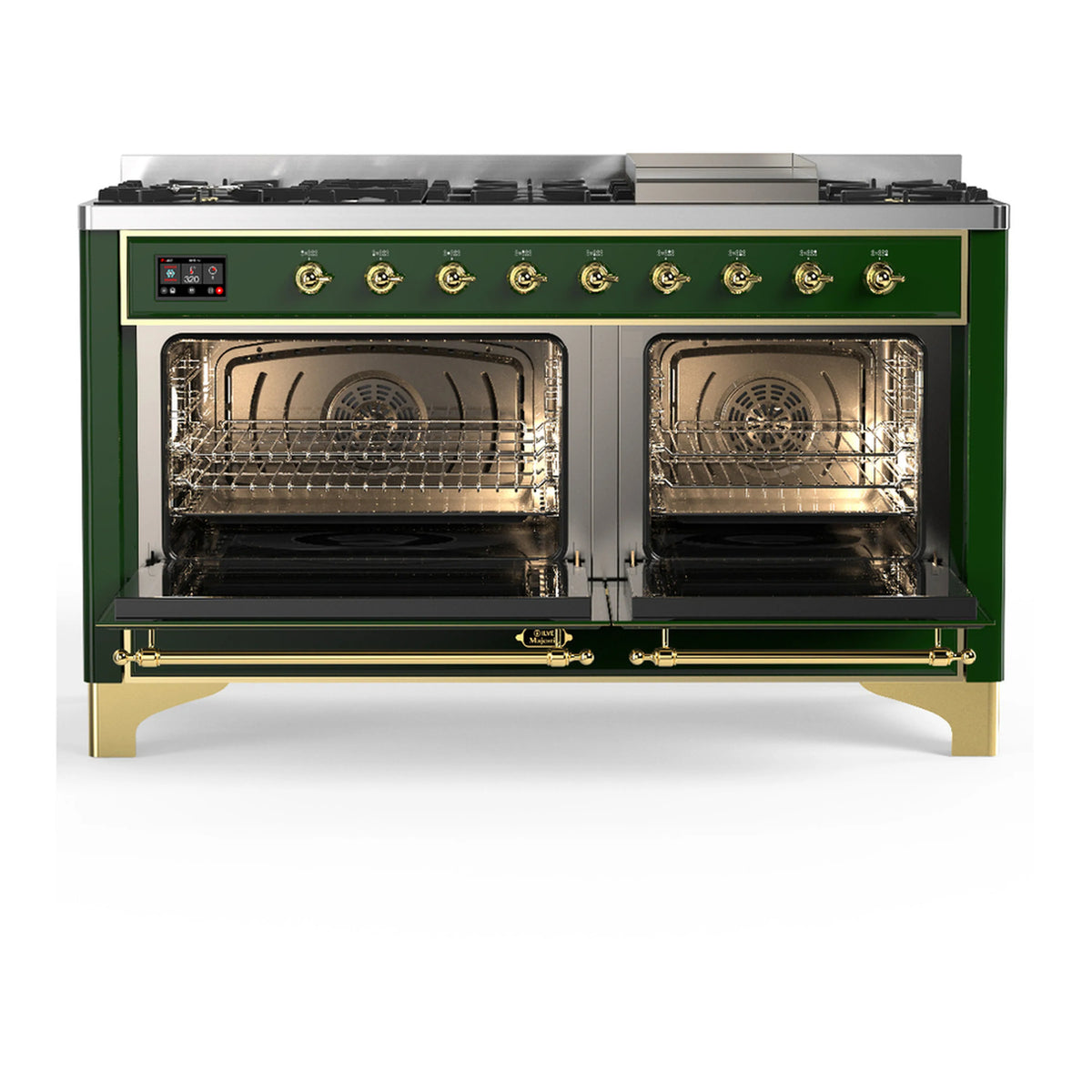 Emerald green dual fuel range with open dual ovens and brass trim