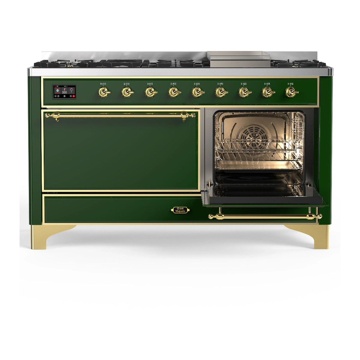 Emerald green dual fuel range with one open oven bay and brass-trimmed controls