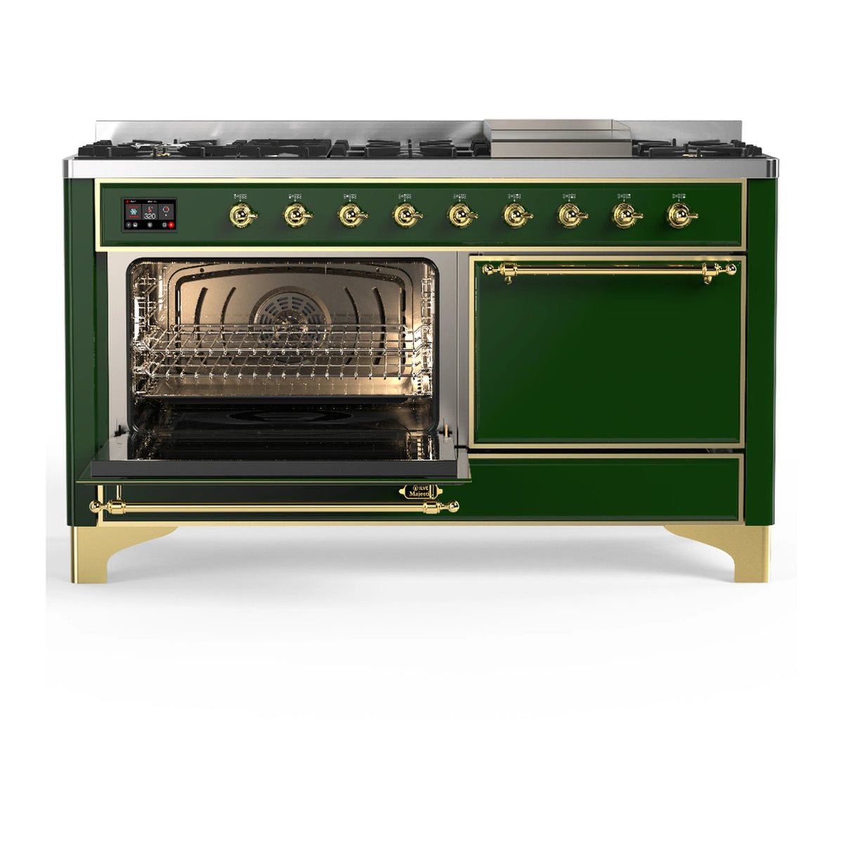 Emerald green dual fuel range with open oven door and solid brass-trimmed panel
