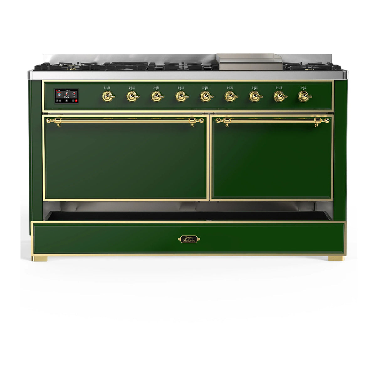 Emerald green dual fuel range with two closed oven doors and brass-trim drawer