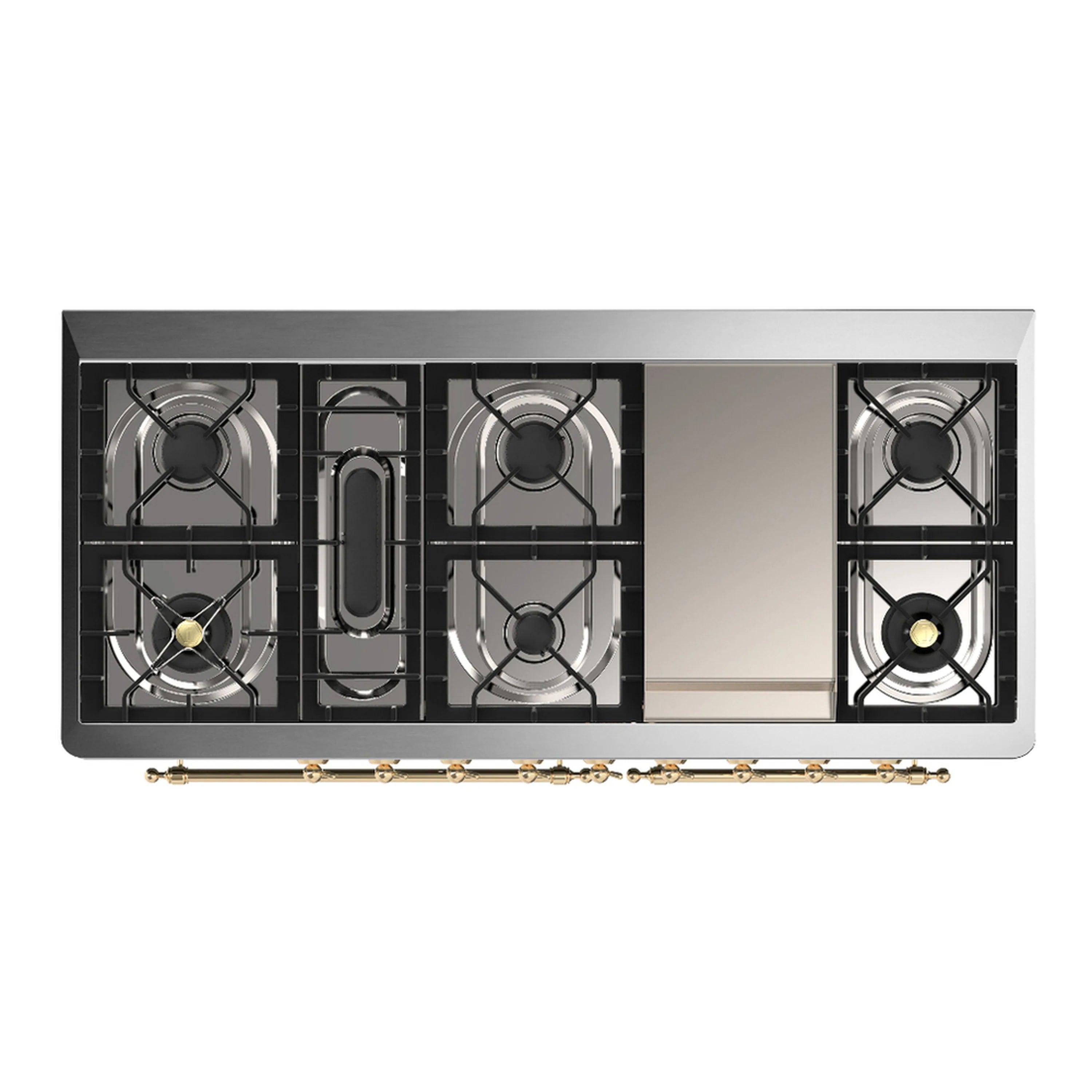 Dual fuel range cooktop with four gas burners and griddle section