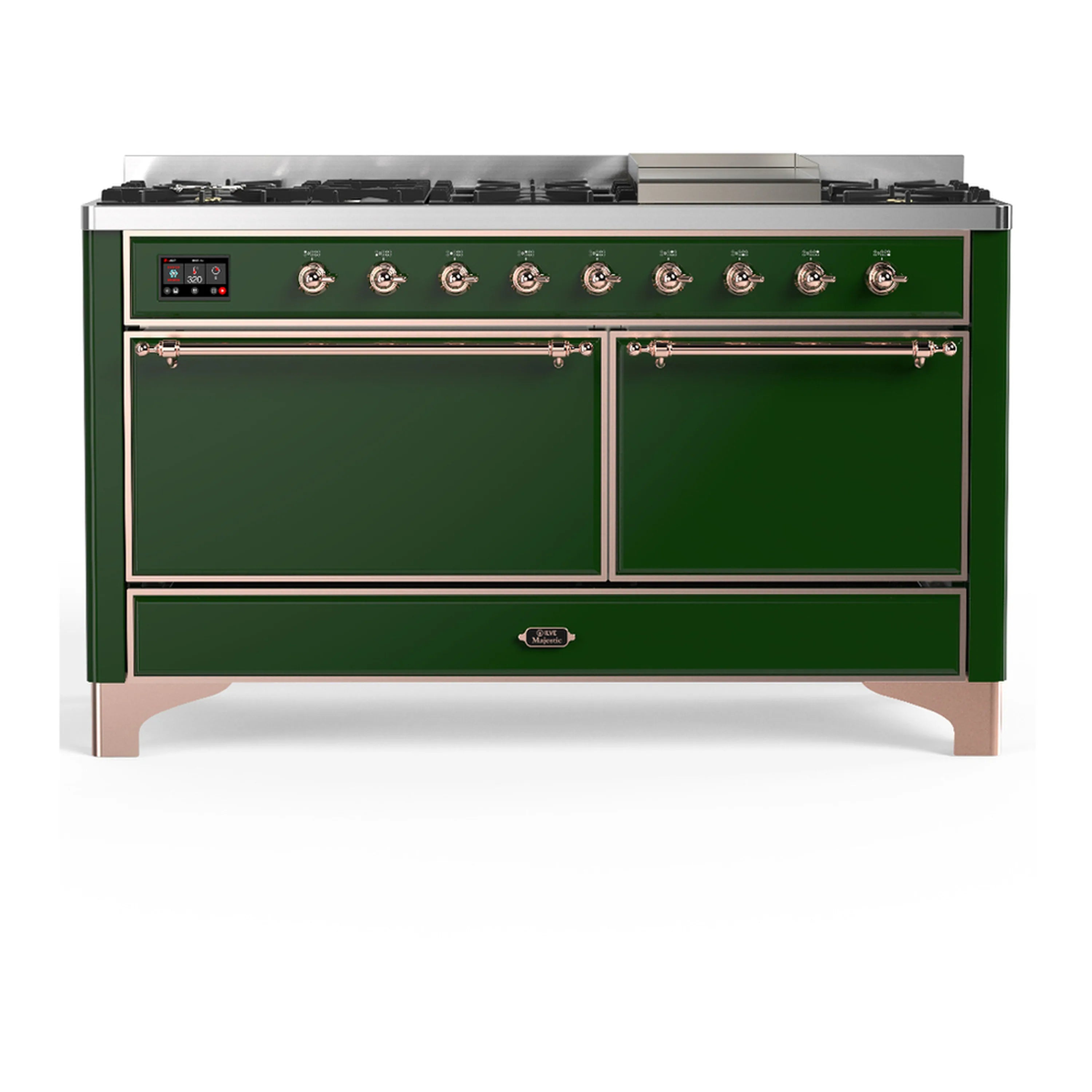 Emerald green dual fuel range with two oven doors and center control strip