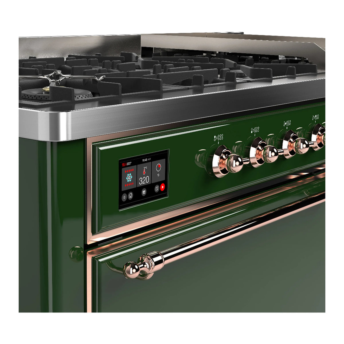 Emerald green dual fuel range with copper-trim knobs and stainless burner grates