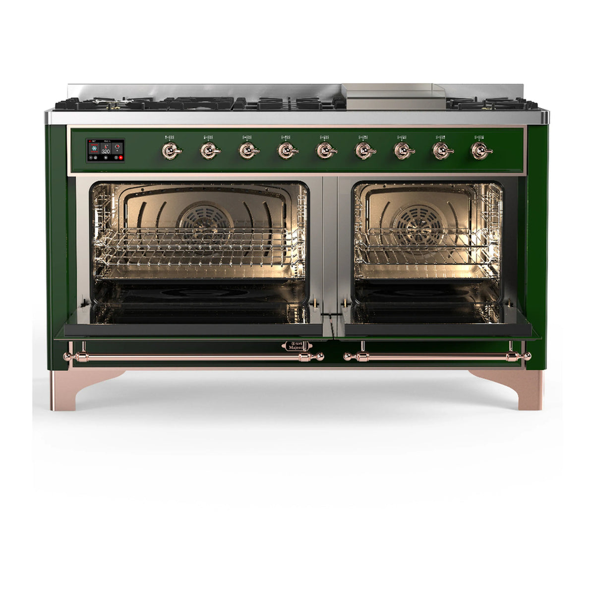 Emerald green dual fuel range with both oven doors open, copper trim and front burner knobs