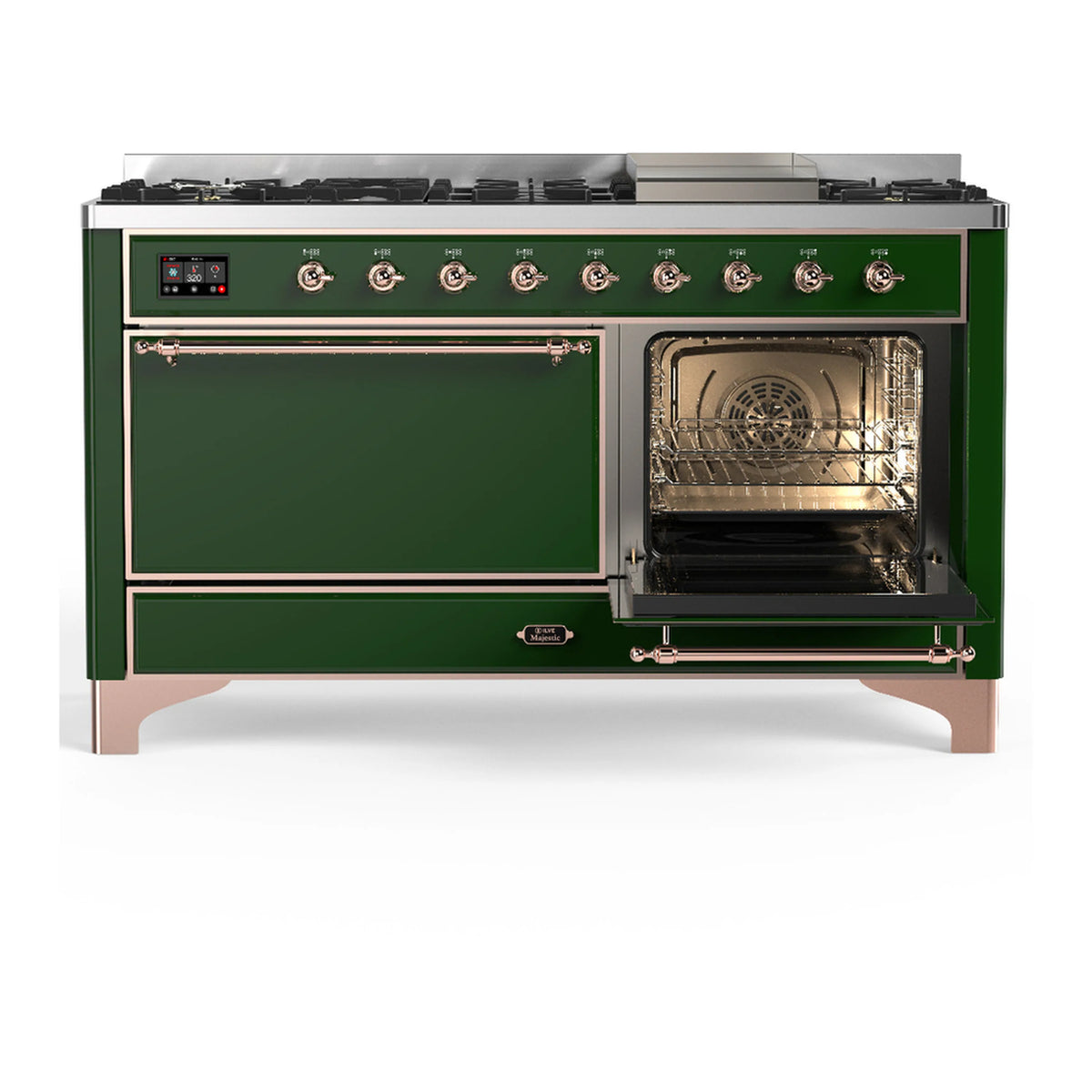 Emerald green dual fuel range with left oven door closed and right oven door open, copper trim