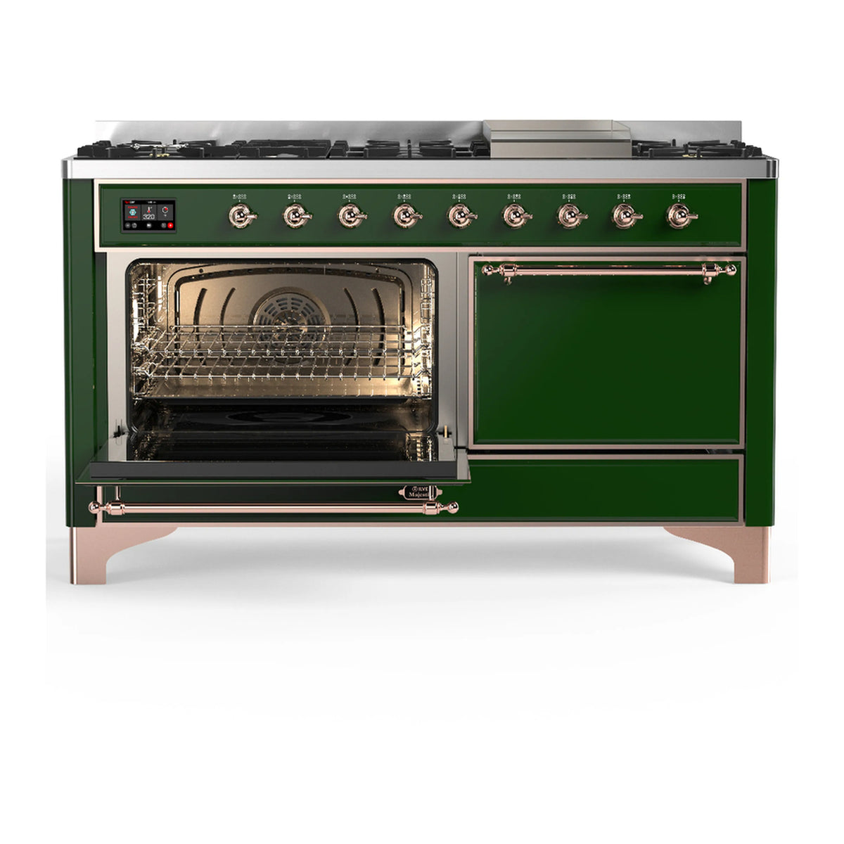 Emerald green dual fuel range with oven door open and copper-trim handles, front view
