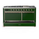 ILVE Majestic III 60-inch Dual Fuel Range with 7 Natural Gas Burner, Griddle and Solid Door Electric Oven in Emerald Green with Copper Trim (UM60FQNR3EGP)