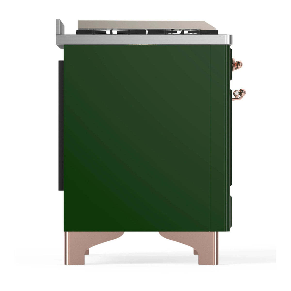 Emerald green dual fuel range side panel with copper control knobs and stainless cooktop