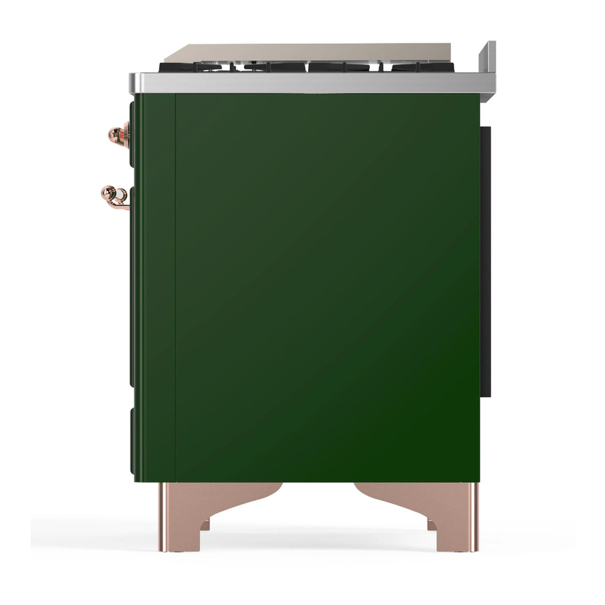Emerald green dual fuel range side panel with copper handle accents and raised feet