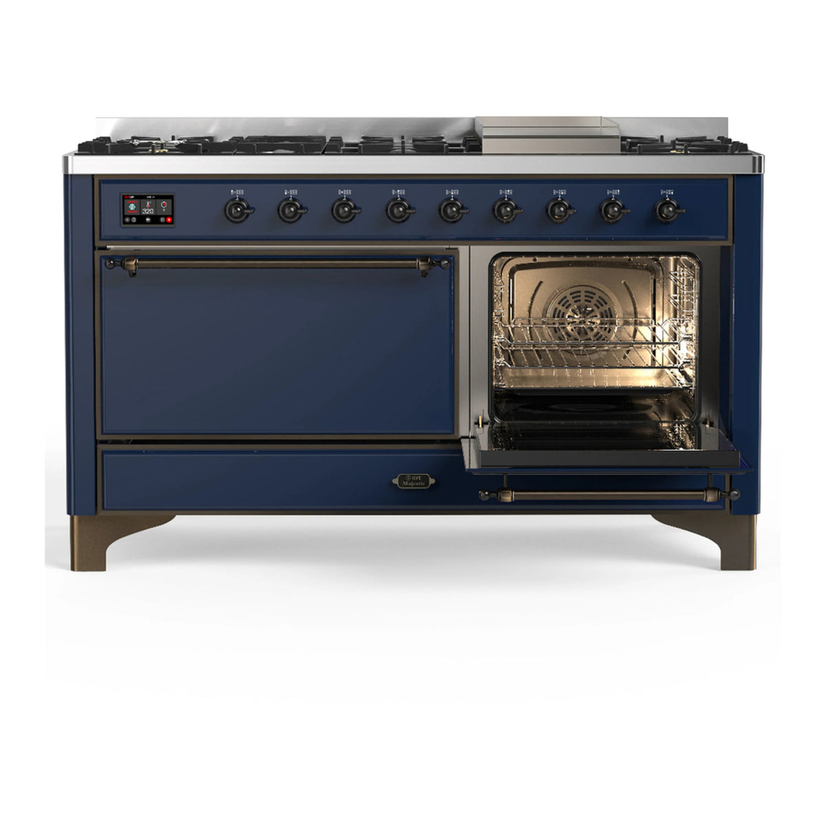 Midnight blue dual fuel range with right oven door open, interior lighted