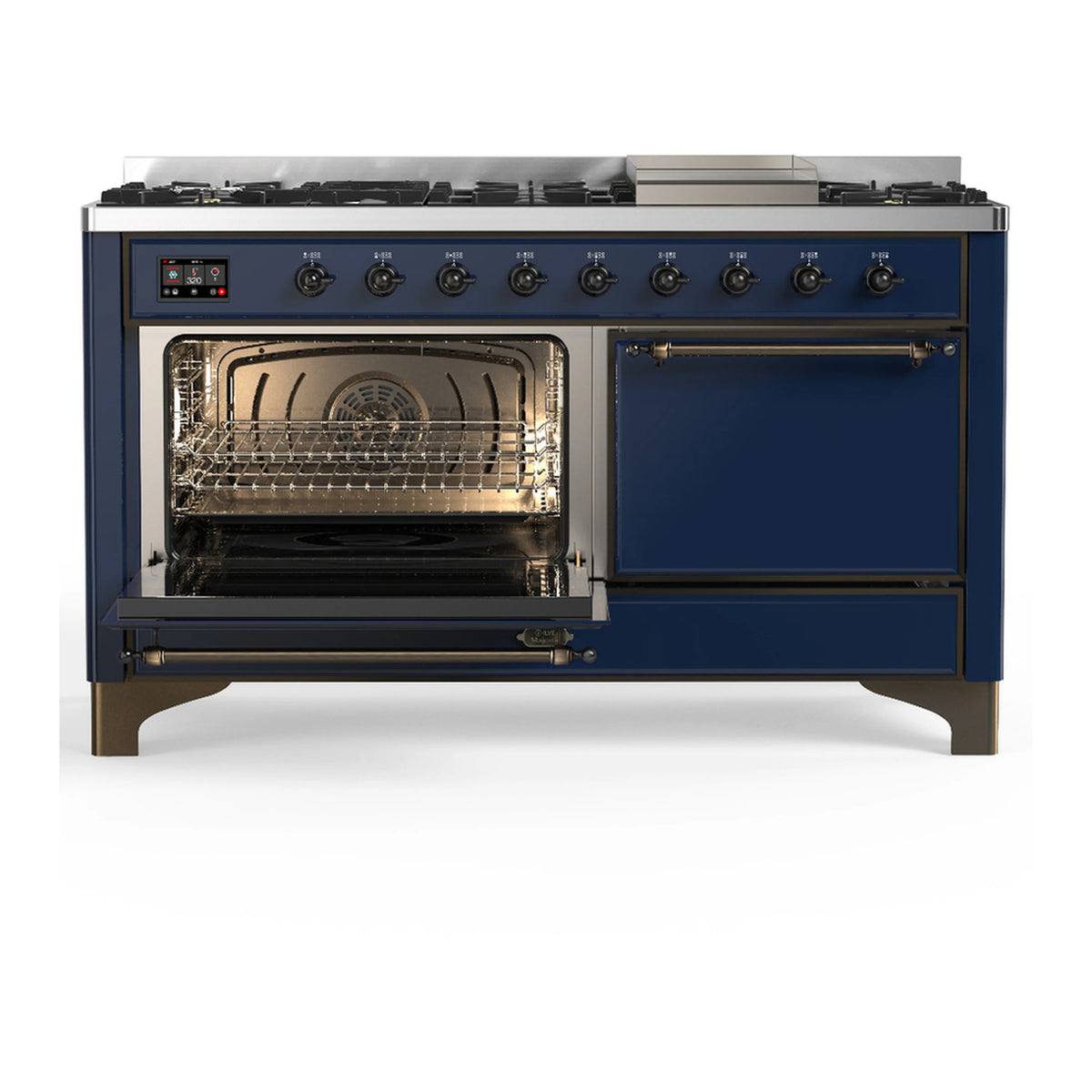Midnight blue dual fuel range with left oven door open and solid right door