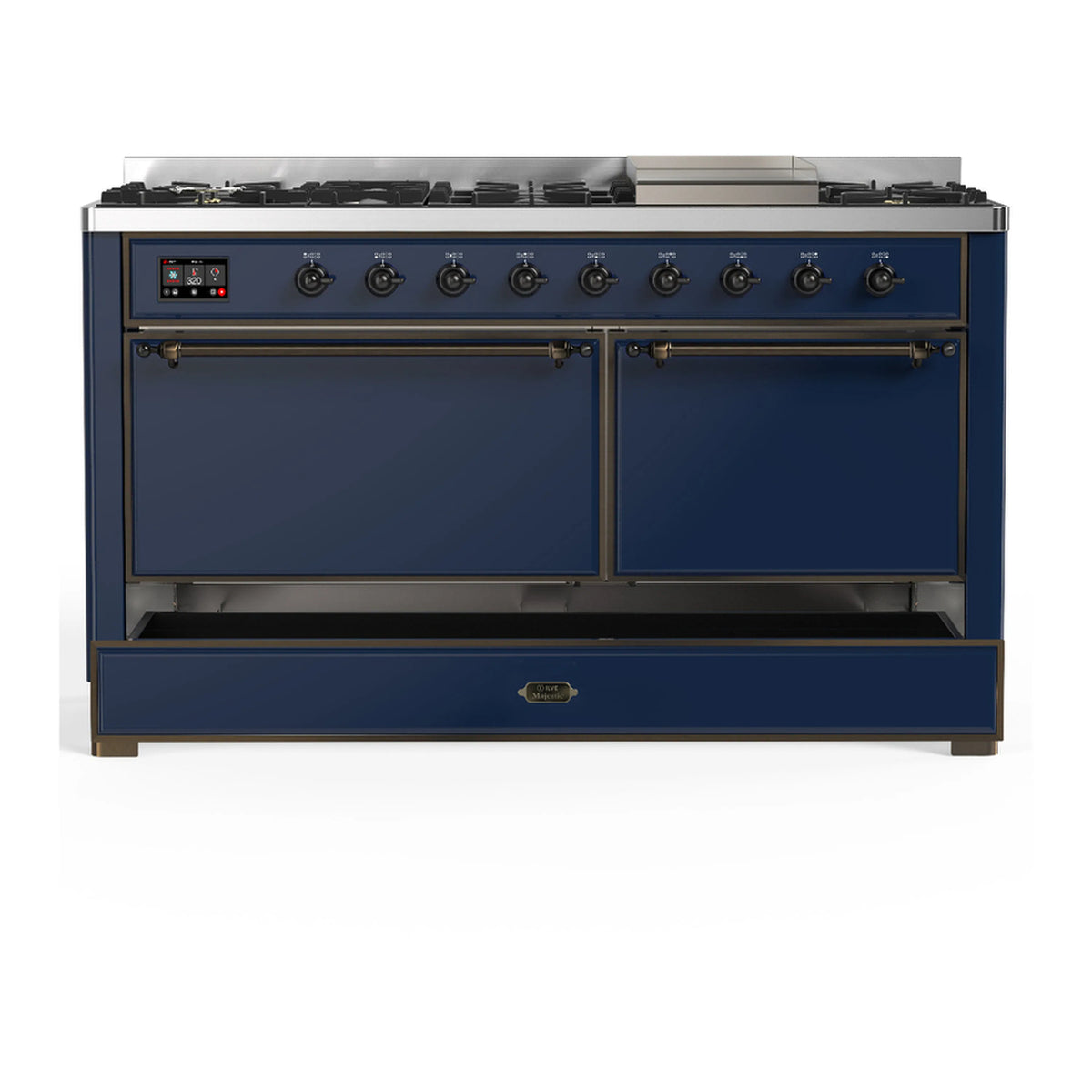 Midnight blue dual fuel range front view with two doors and control knobs closed