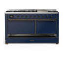 ILVE Majestic III 60-inch Dual Fuel Range with 5 Liquid Propane Burner, Griddle and Solid Door Electric Oven in Midnight Blue with Burnished Trim (UM60FQNR3MBBLP)