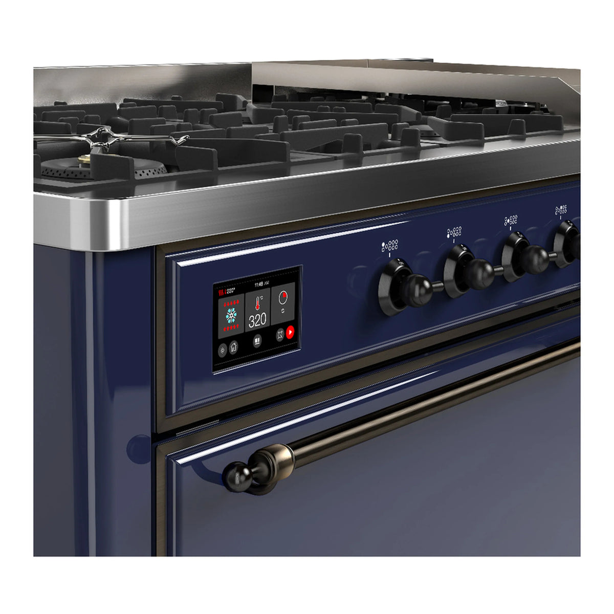 Midnight blue dual fuel range with stainless burner grates and control knobs
