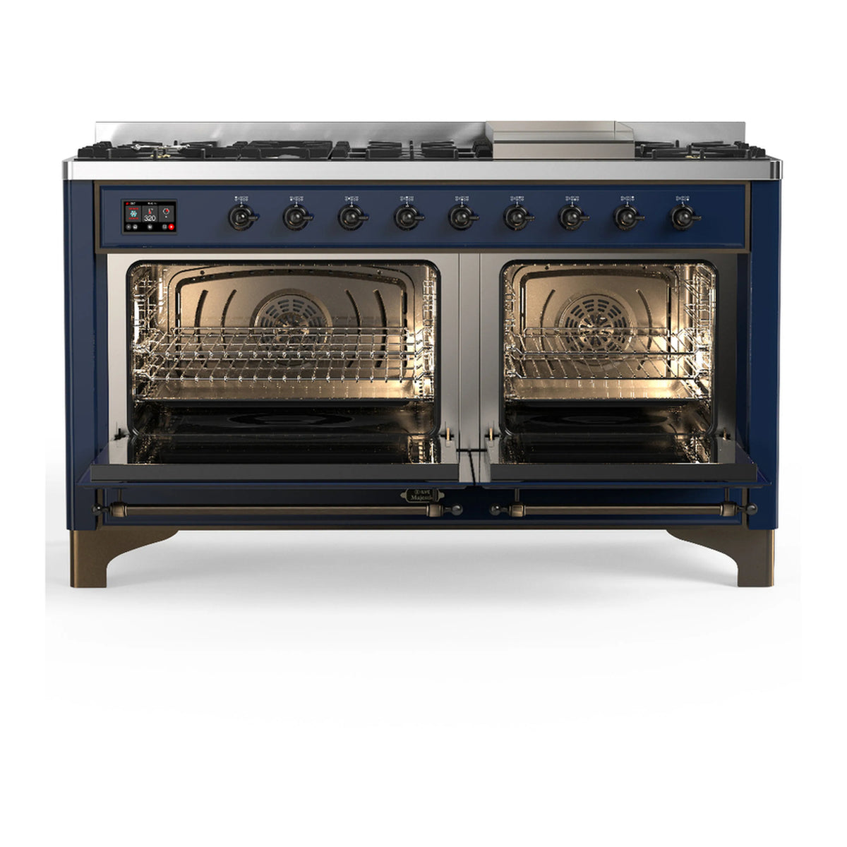 Midnight blue dual fuel range with two open oven doors and wire racks