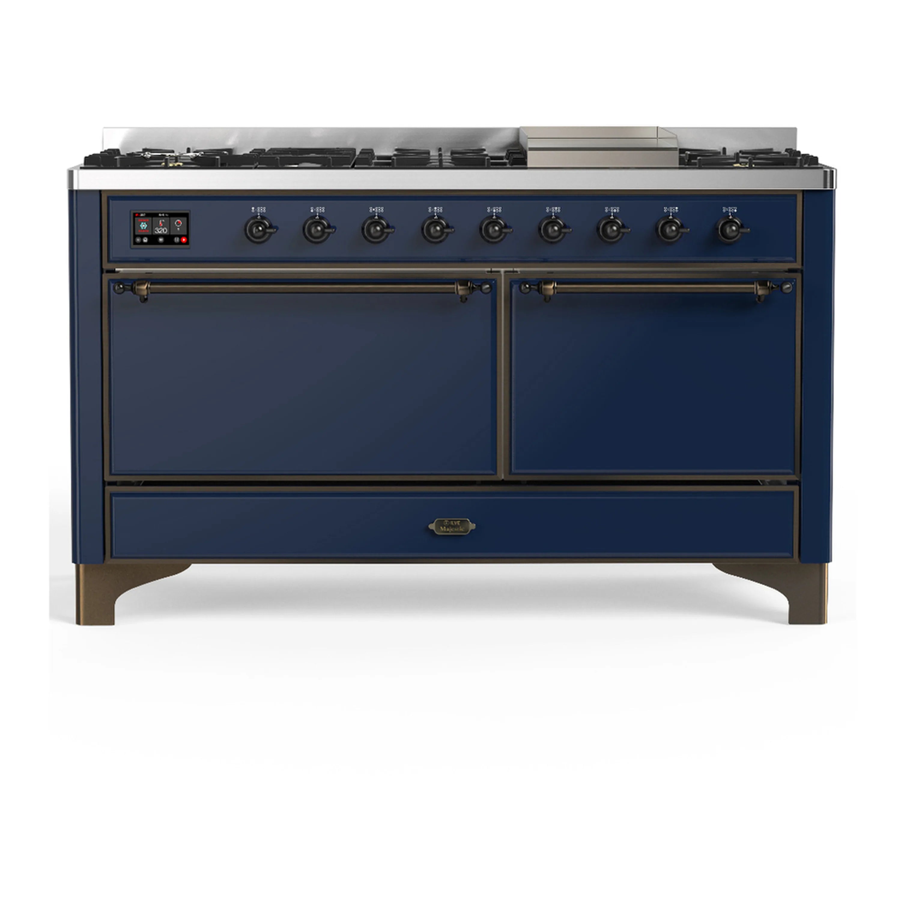 Midnight blue dual fuel range front view with two doors and brass handle