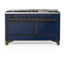 ILVE Majestic III 60-inch Dual Fuel Range with 7 Natural Gas Burner, Griddle and Solid Door Electric Oven in Midnight Blue with Burnished Trim (UM60FQNR3MBB)