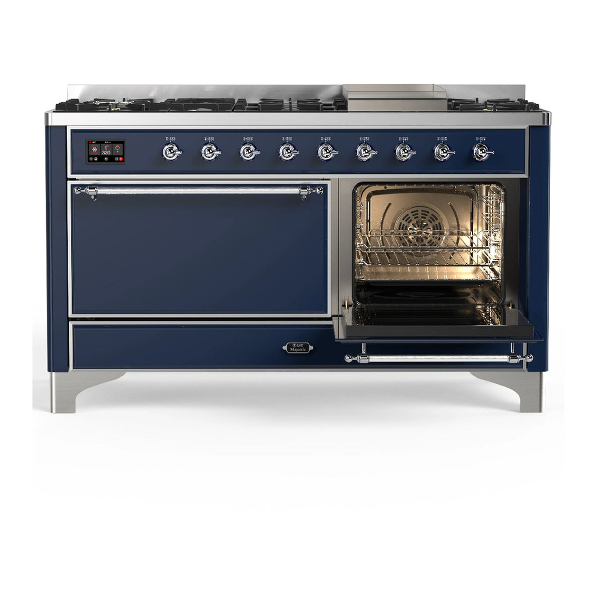 Midnight blue dual fuel range with one oven open and chrome-framed door