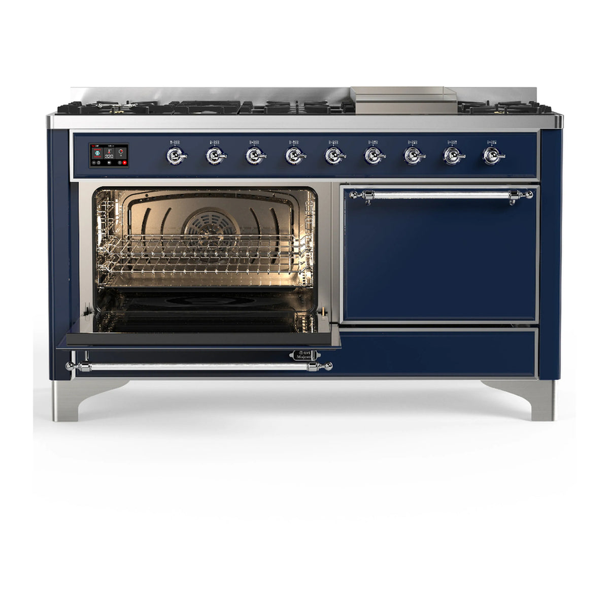 Midnight blue dual fuel range with oven open showing wire rack and interior fan