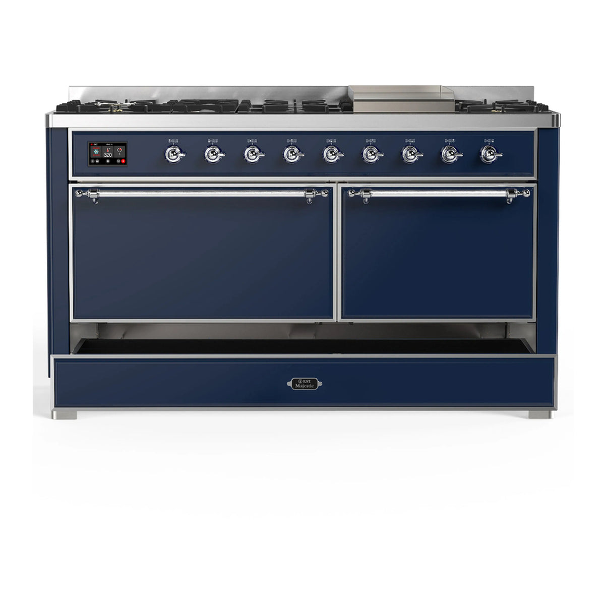 Midnight blue dual fuel range with chrome trim, upper doors and lower storage drawer closed