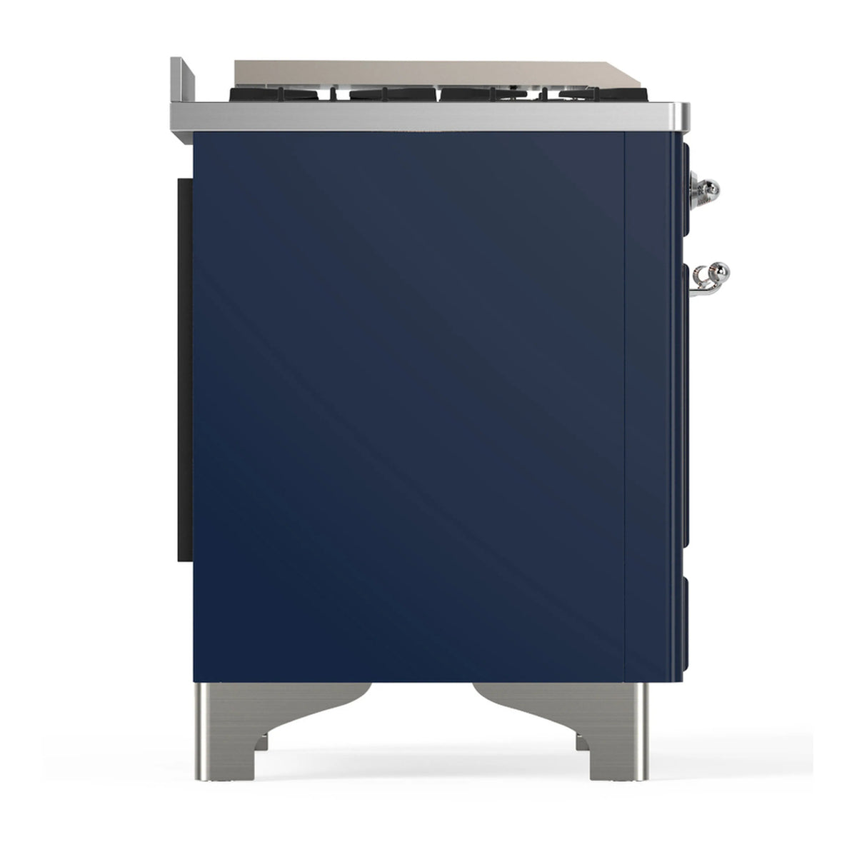 Midnight blue dual fuel range side view with metal legs and chrome side controls