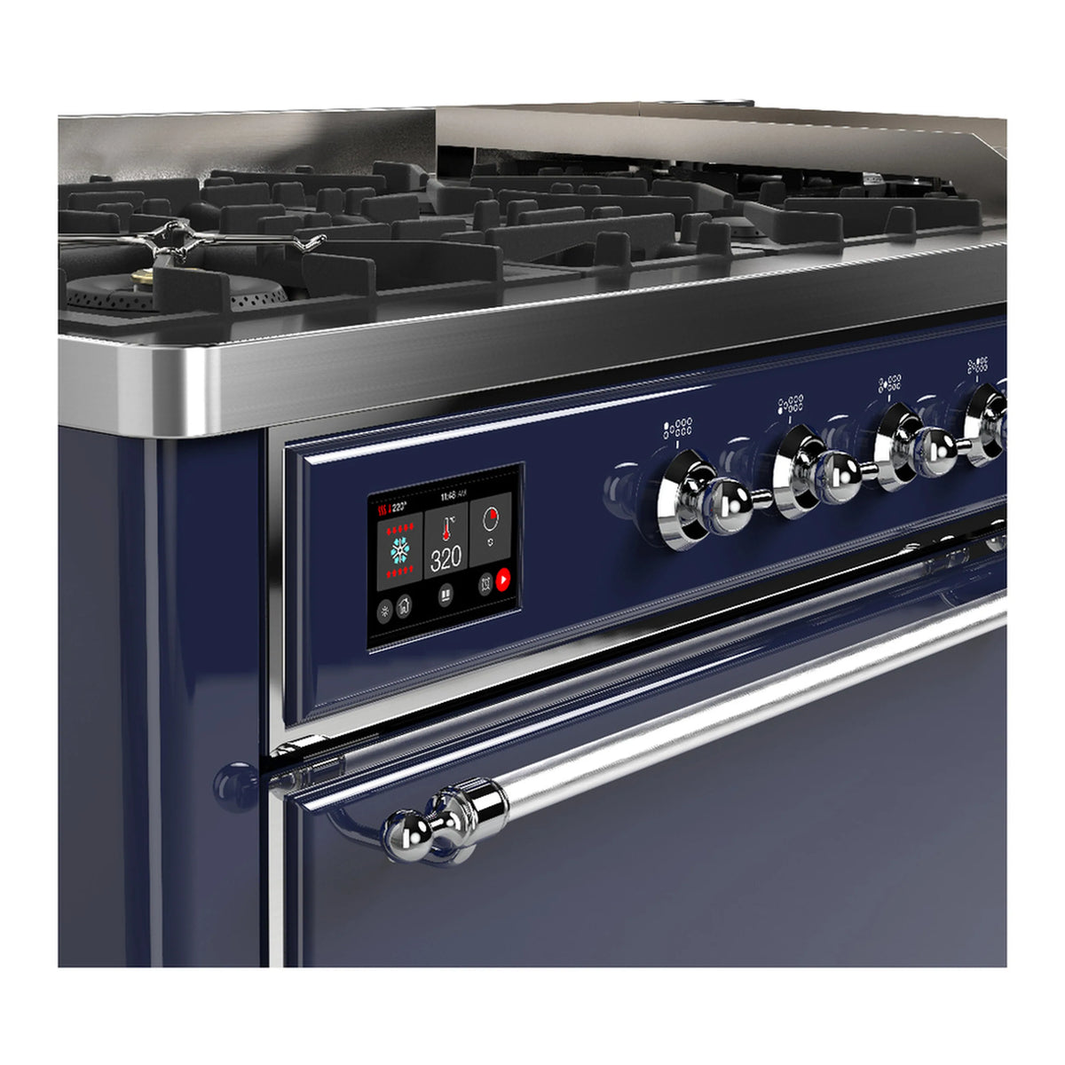 Midnight blue dual fuel range control panel with chrome knobs and digital display