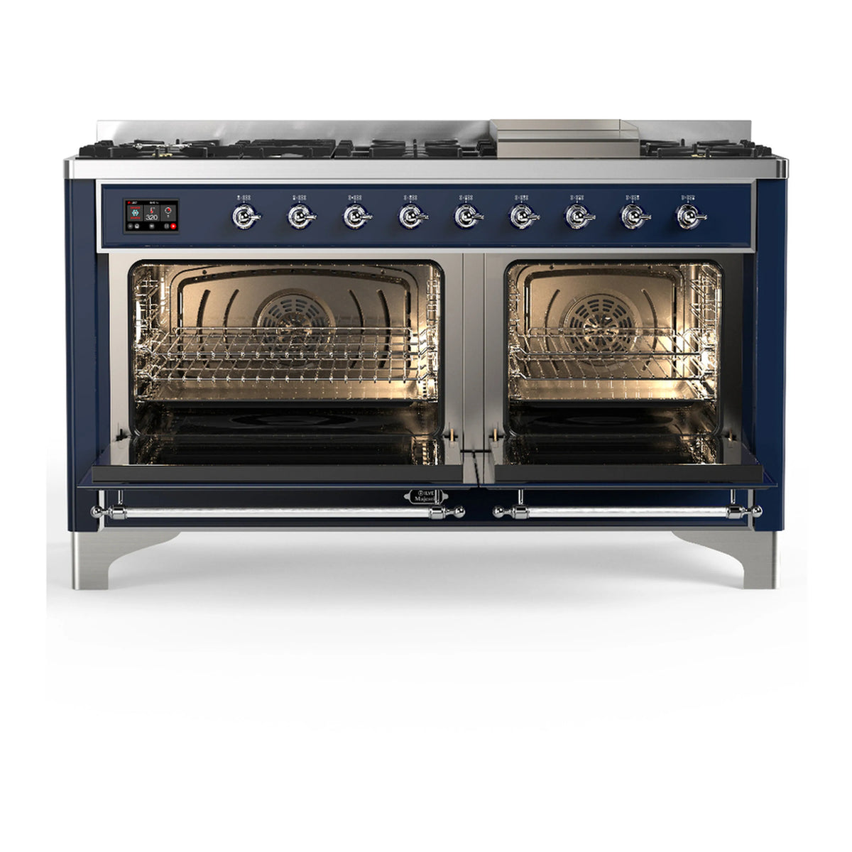 Midnight blue dual fuel range with both oven doors open showing wire racks