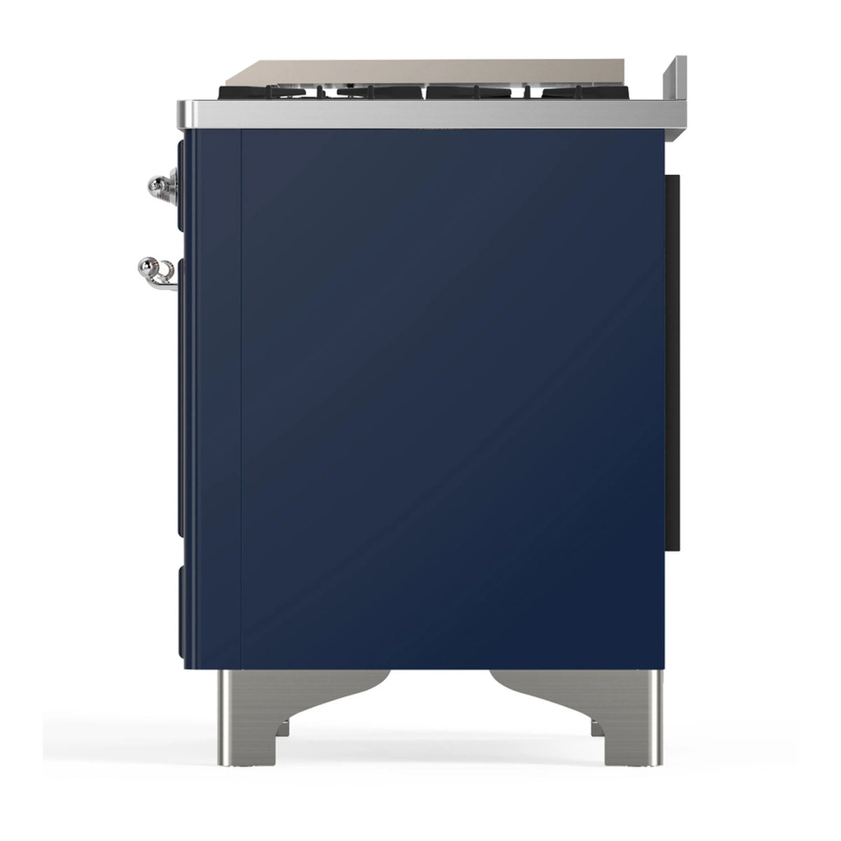 Midnight blue dual fuel range rear-facing side with chrome control hardware