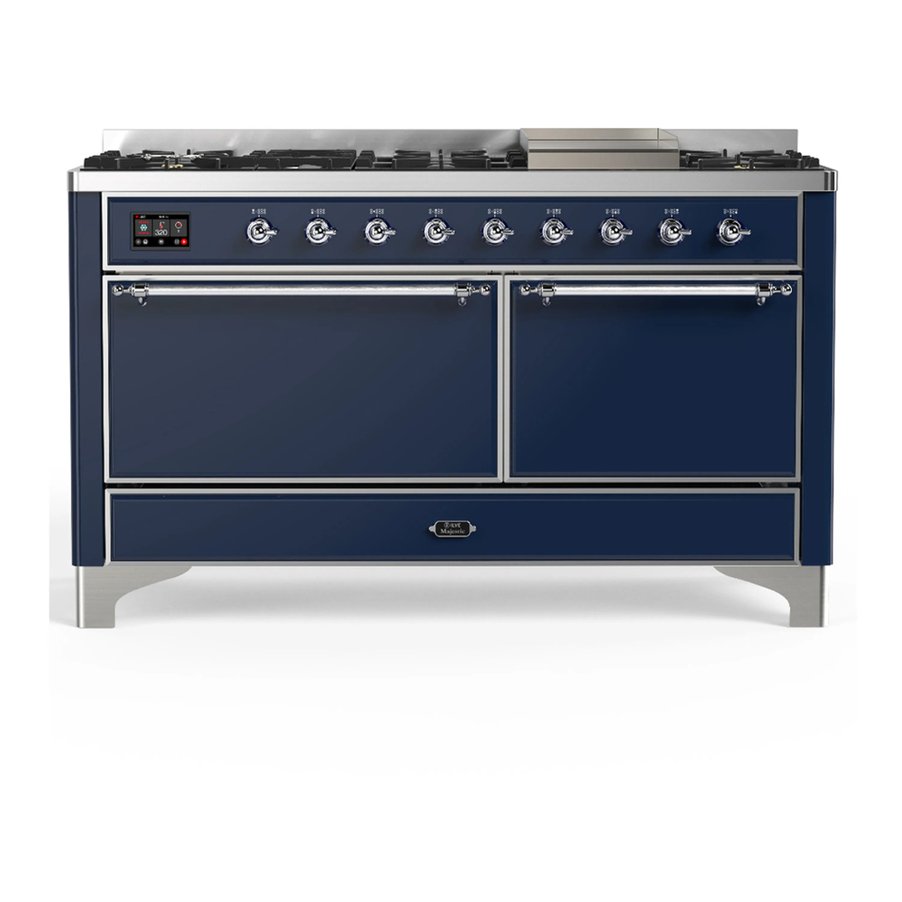 Midnight blue dual fuel range with dual oven doors closed and front control strip