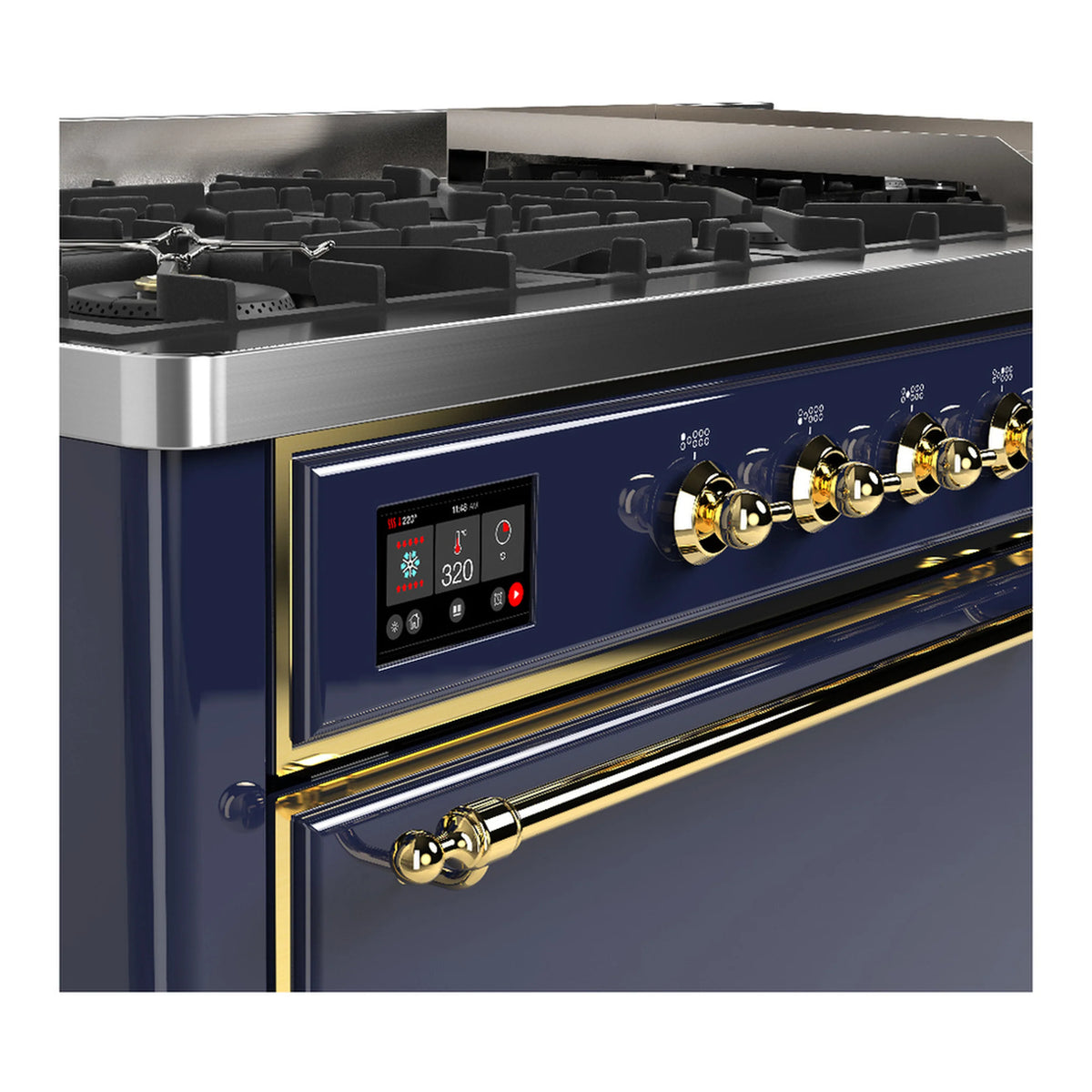 Blue-gray dual fuel range control panel with brass knobs and digital display