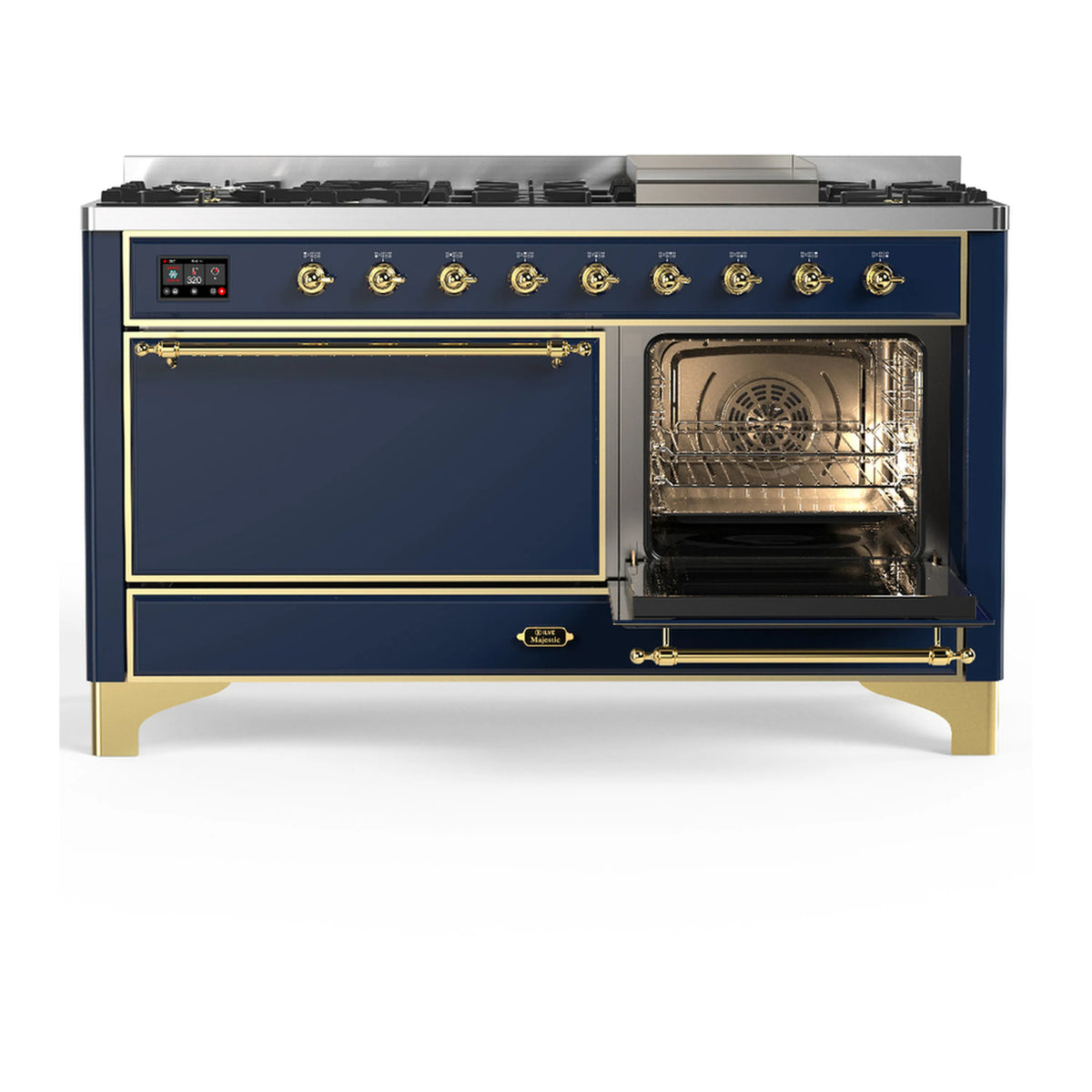 Blue-gray dual fuel range with brass trim and open solid oven door window