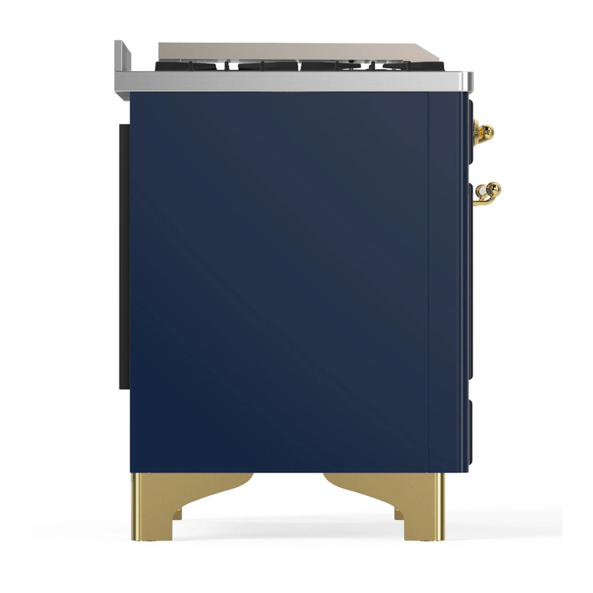 Side view of blue-gray dual fuel range with brass legs and side control housing