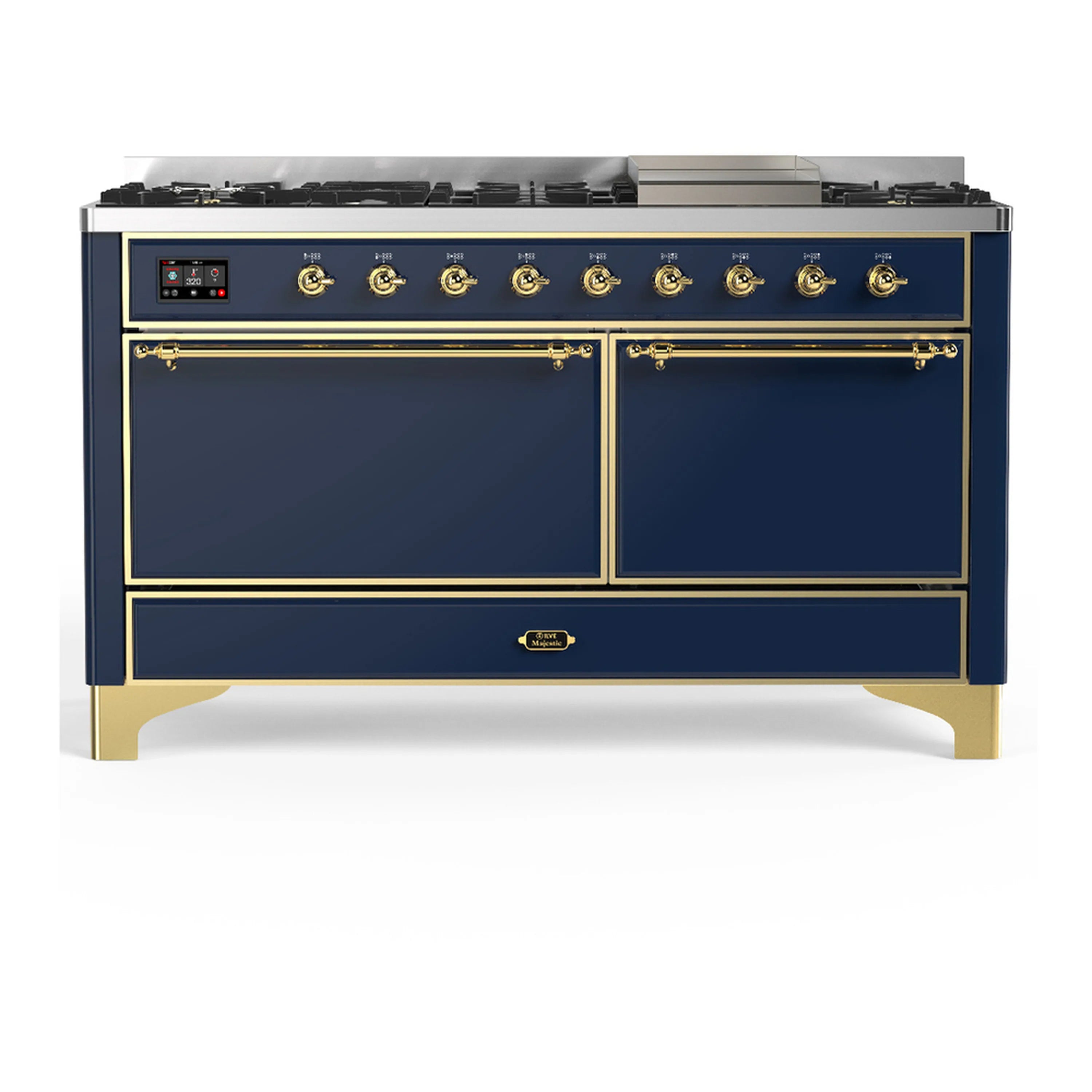 Blue-grey dual fuel range with brass trim, closed oven doors and control panel.